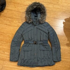 Miss Sixty ash blue mid length belted puffer jacket with faux fur hood